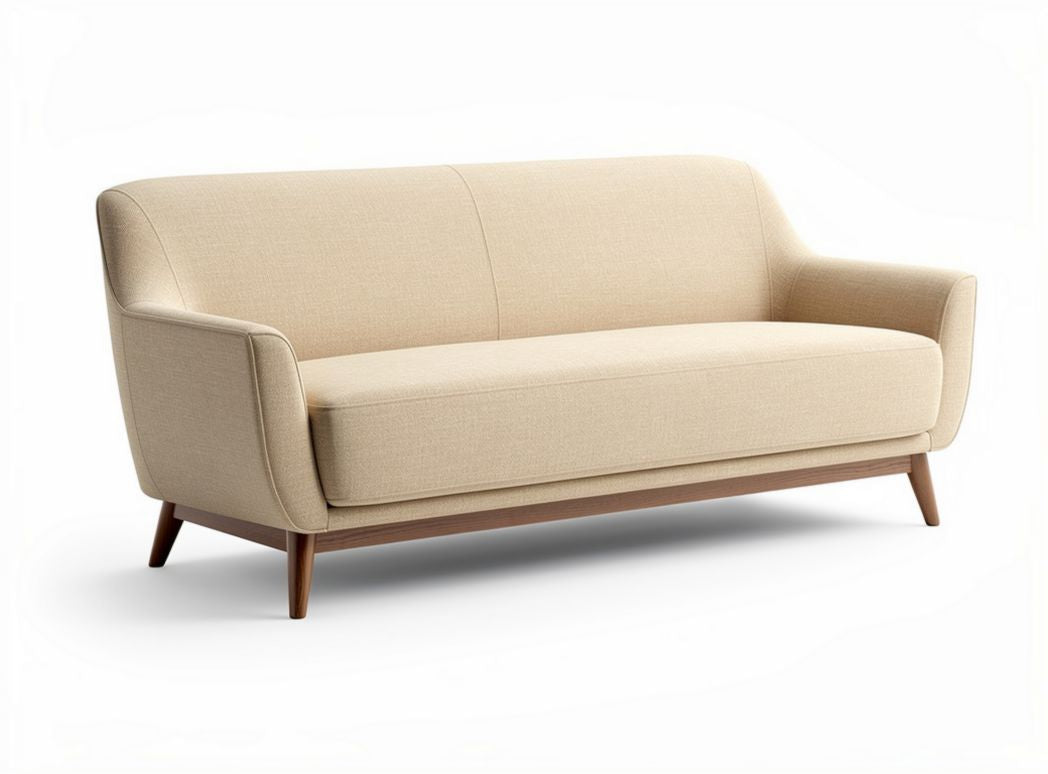 Beige fabric sofa with wooden legs for living room seating 180 x 80 x 75cm