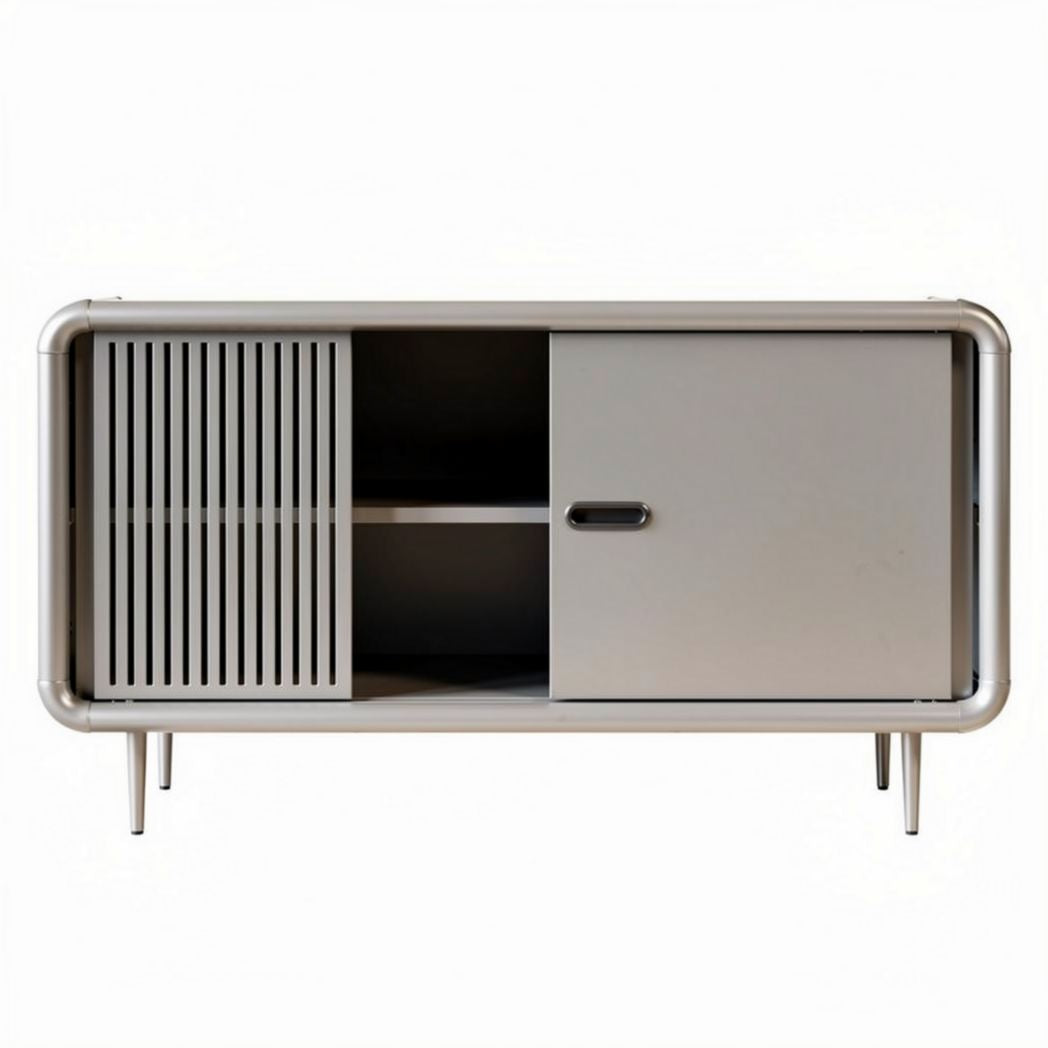 Metal media console with sliding door and open shelving 150 x 40 x 60cm