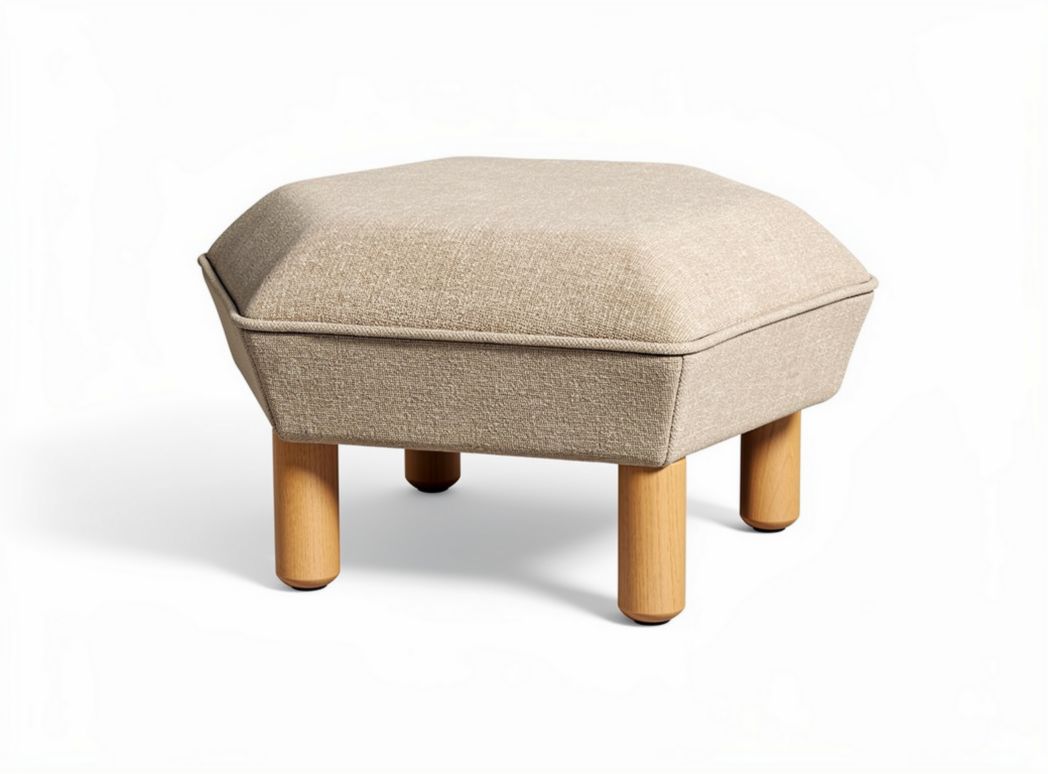 Hexagonal fabric ottoman with wooden legs 60 x 60 x 30cm beige color