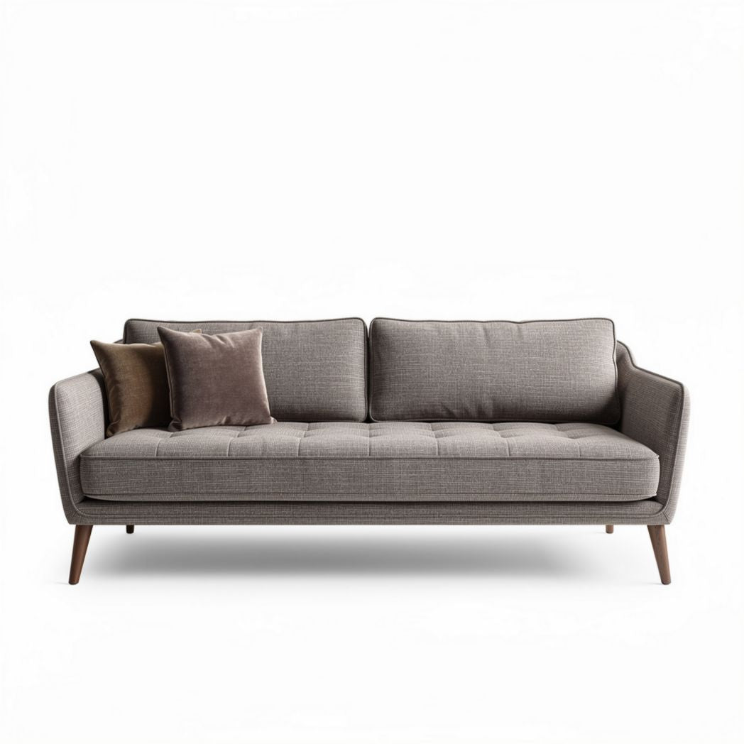 Modern gray fabric sofa with wooden legs and decorative pillows 200 x 85 x 90cm