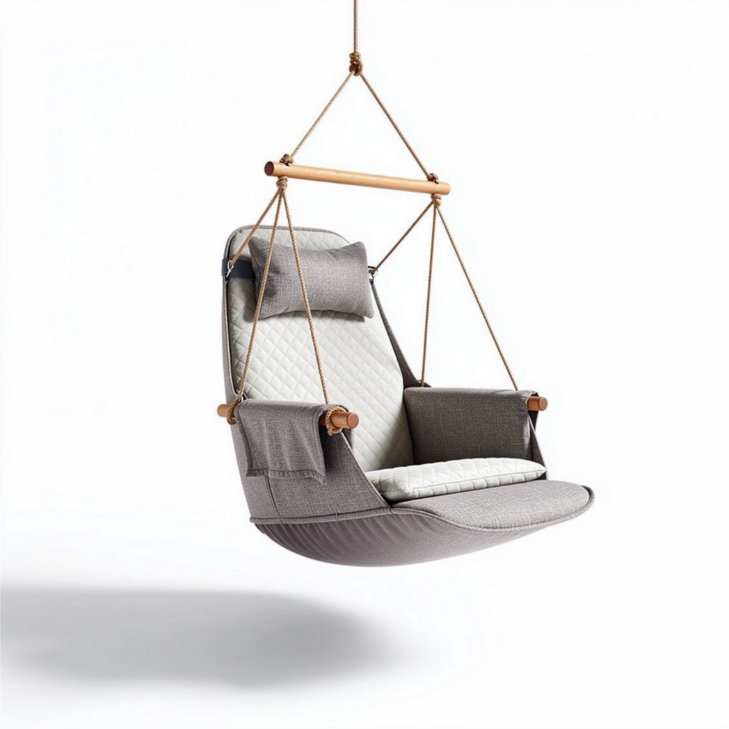 Hanging chair with wooden frame and soft fabric cushioning in gray