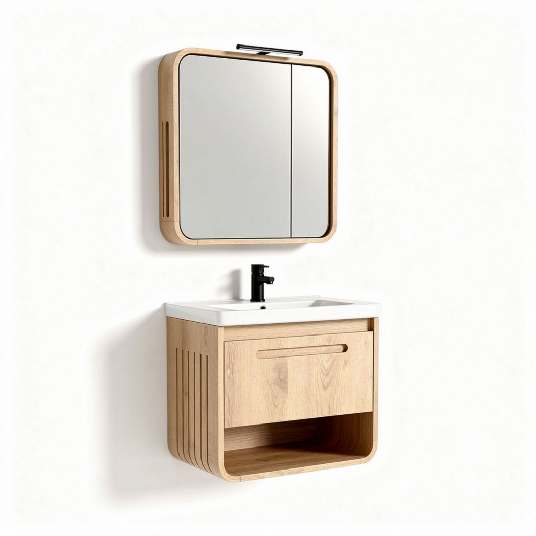 Wooden bathroom vanity set with mirror and ceramic sink 80 x 60 x 50cm