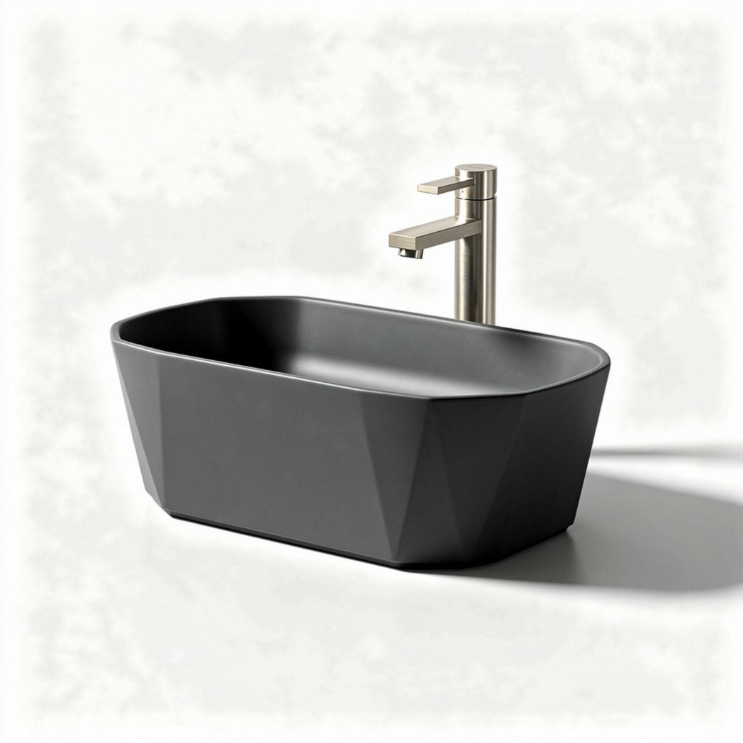 Black rectangular ceramic vessel sink with modern faucet 50 x 30 x 15cm
